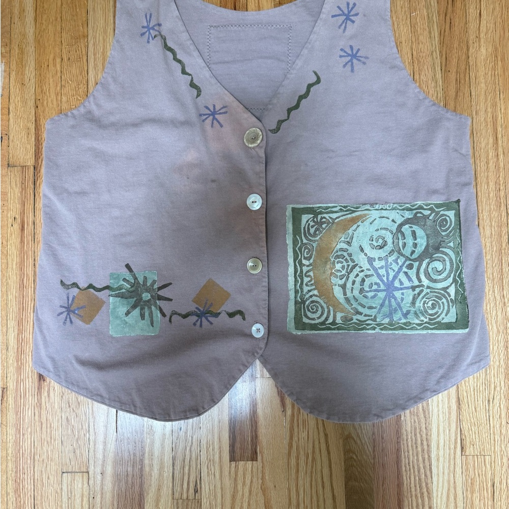 Blue Fish Vintage Cotton Artistic Button-Up Vest with Abstract Design from 1993.